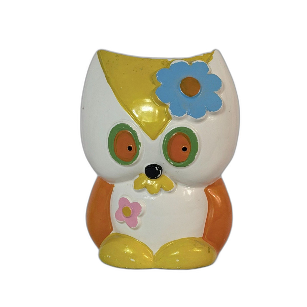 Vtg Rubens Original 1971 Owl Planter Kitschy Made in Japan White Yellow Blue